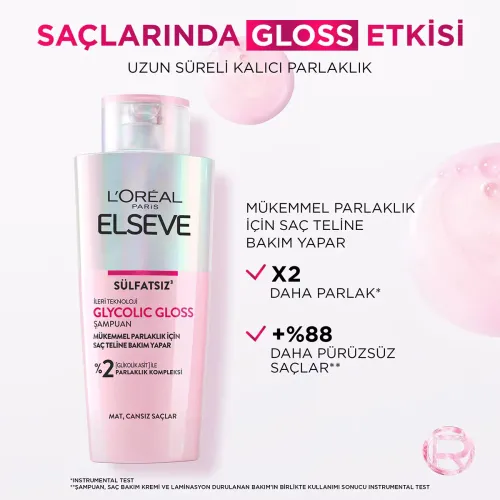 L'Oreal Paris Elseve Glycolic Gloss Mükemmel Parlaklık için Bakım Yapan Şampuan 200 ml L'Oreal Paris Elseve Glycolic Gloss Mükemmel Parlaklık için Bakım Yapan Şampuan 200 ml